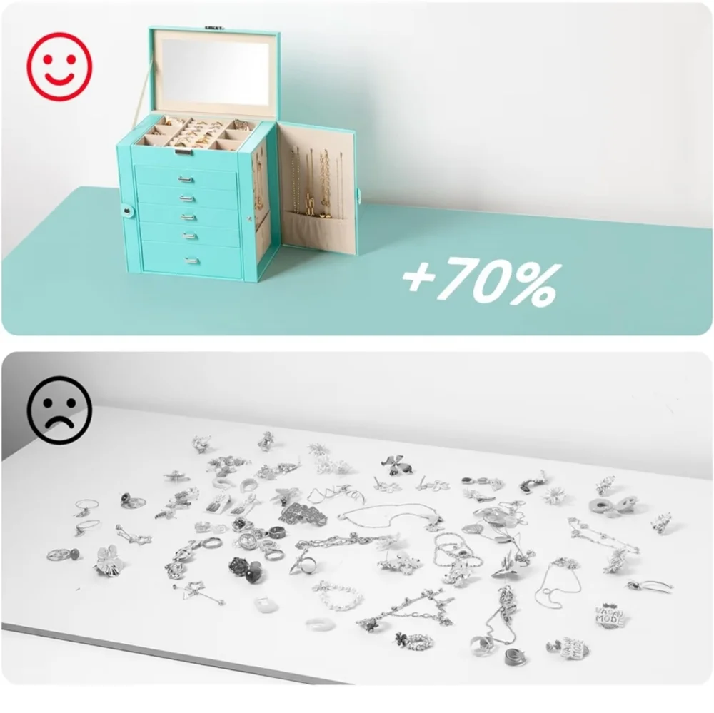 Large Jewelry Box 6-Tier PU Leather 5 Drawer Organizer Multifunctional Turquoise